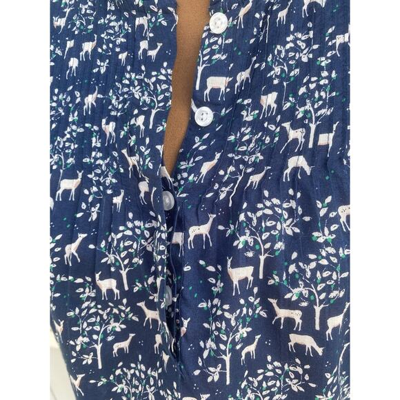 J. Crew Women's Blouse Navy Blue Deer Print Button Woodland Popover Size 00 - Picture 3 of 15